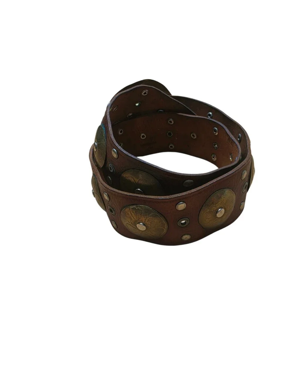 Vintage Handmade Leather Brass Conch Belt M/L  Boho Western Cowgirl Indie